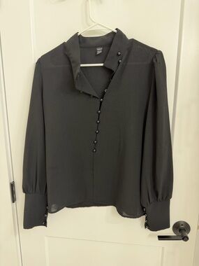 SHEIN Black Button-Front Long Sleeve Blouse with Puff Sleeves